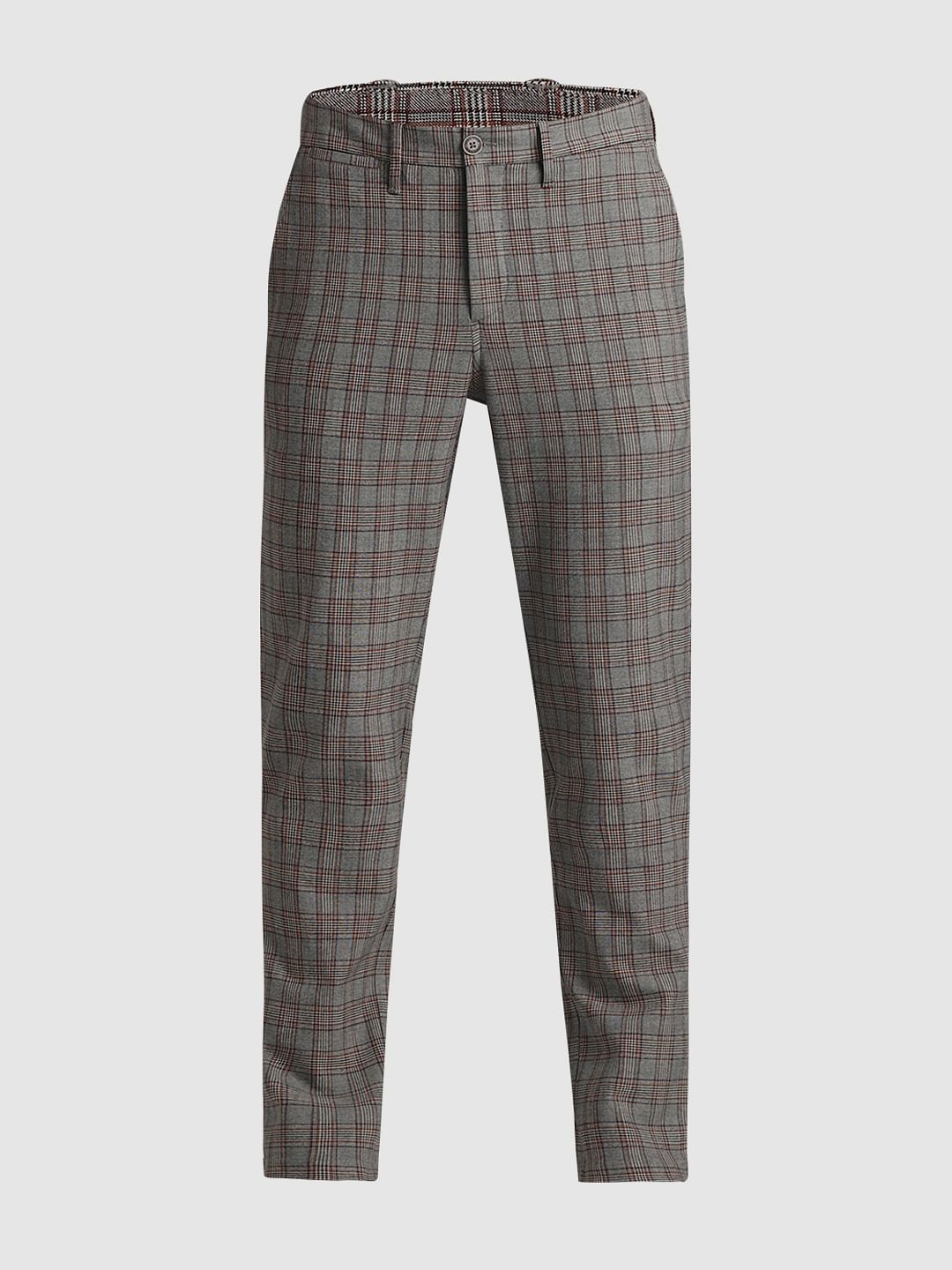 Brown Mid Rise Check Pants
