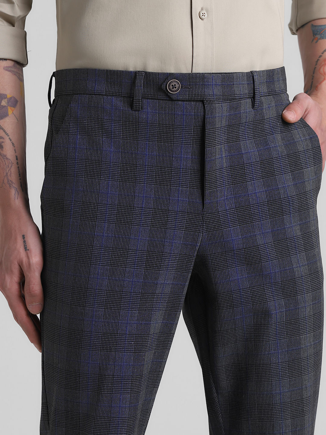 Dark Grey Mid Rise Check Print Pants