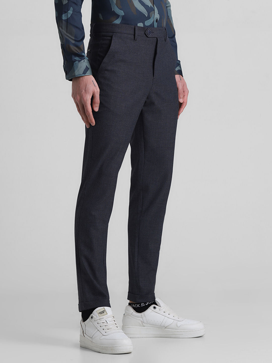 Navy Blue Mid Rise Check Print Pants