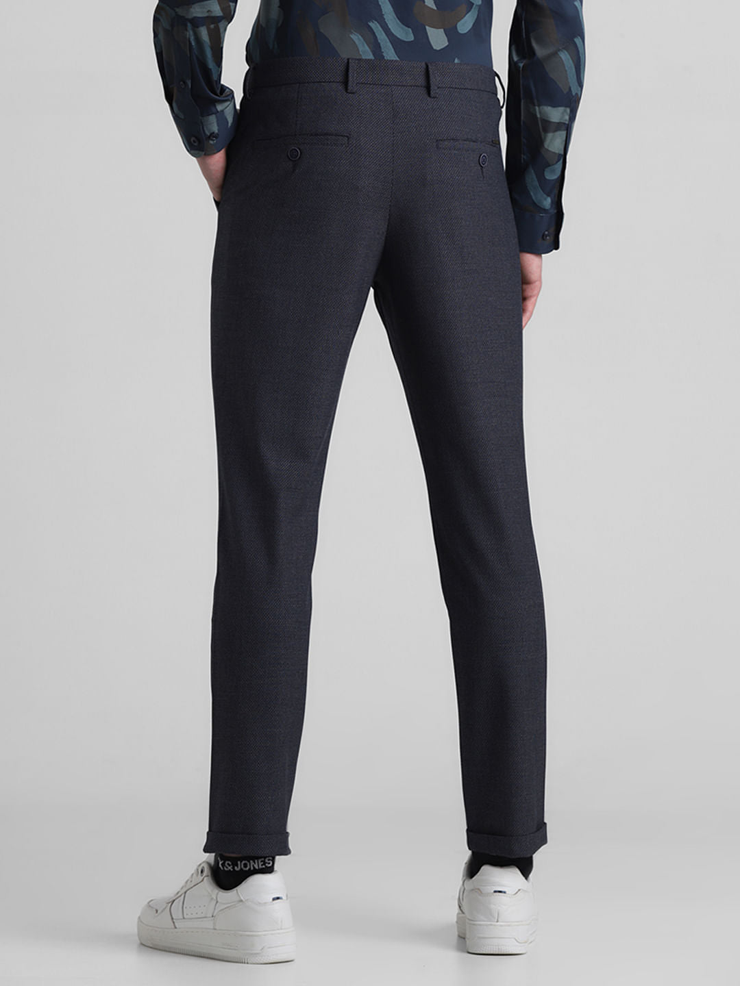 Navy Blue Mid Rise Check Print Pants