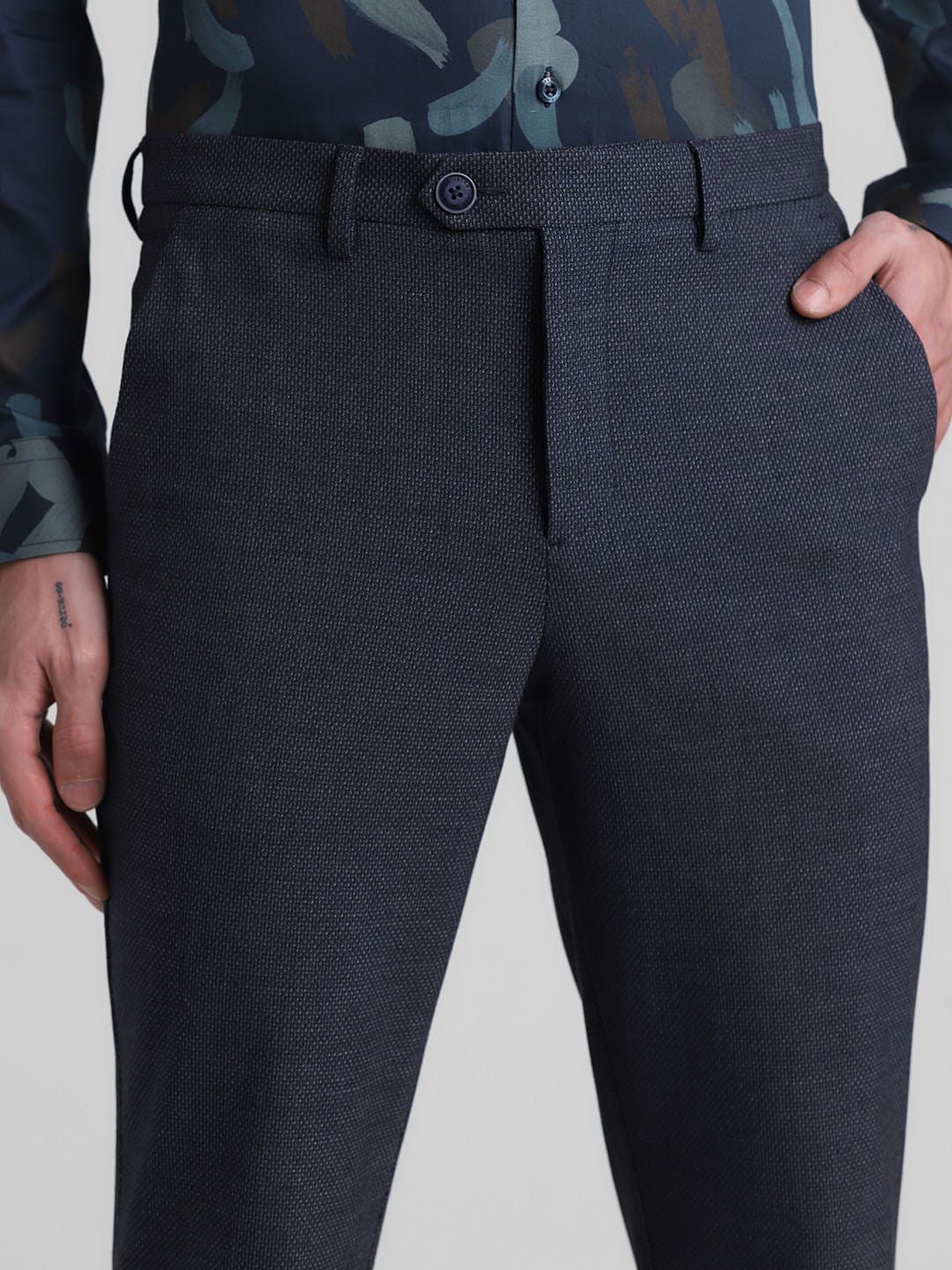 Navy Blue Mid Rise Check Print Pants