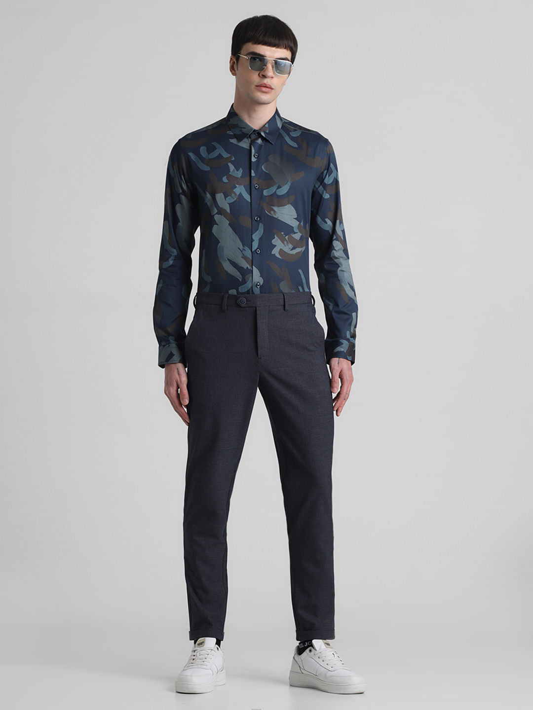 Navy Blue Mid Rise Check Print Pants