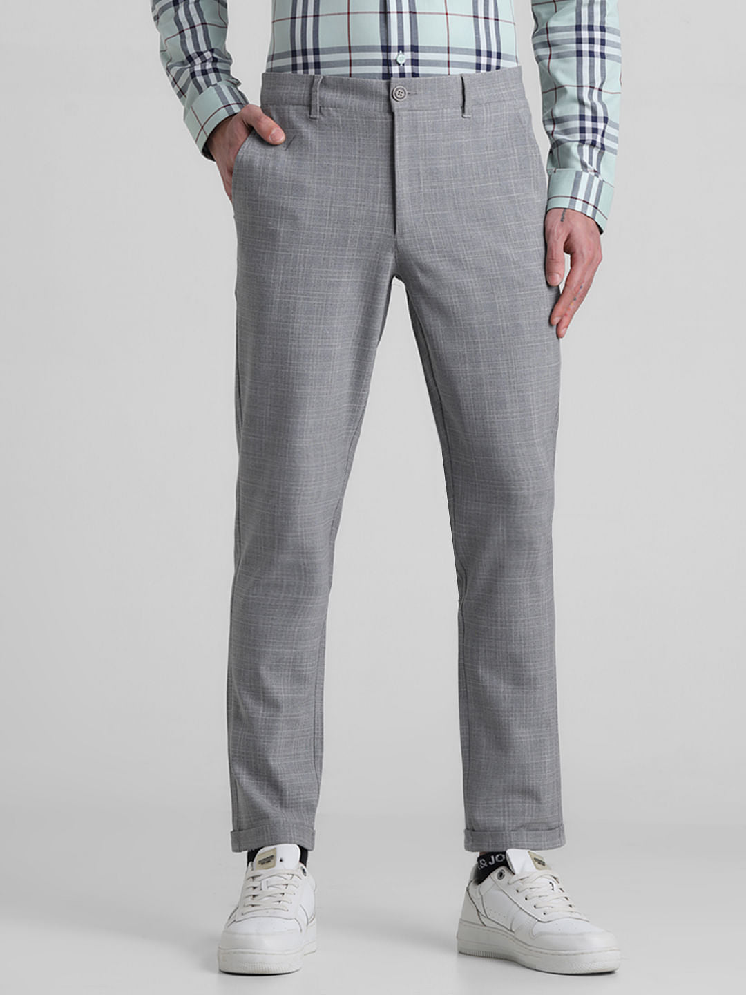 Grey Mid Rise Check Print Pants