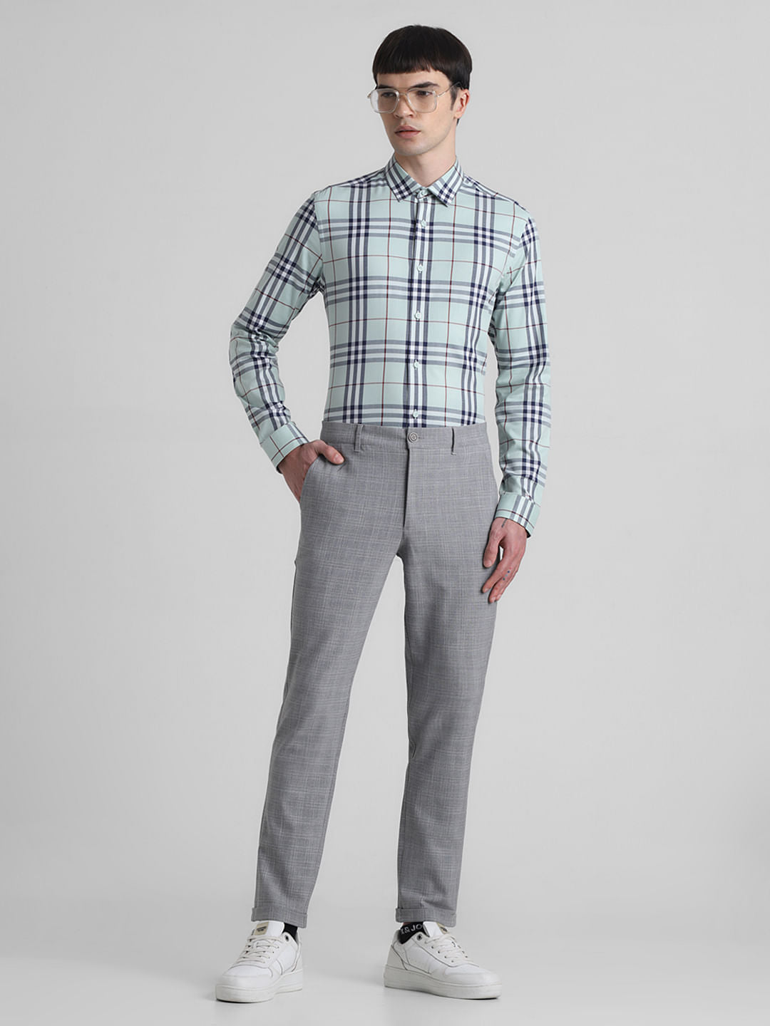 Grey Mid Rise Check Print Pants