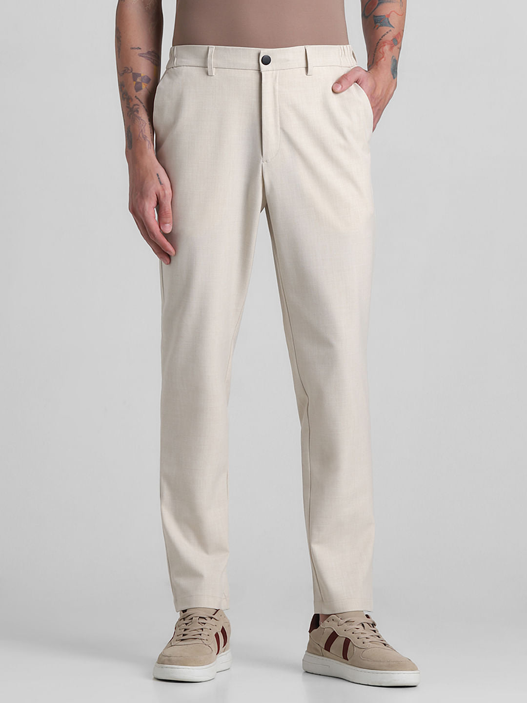 Beige Mid Rise Casual Pants