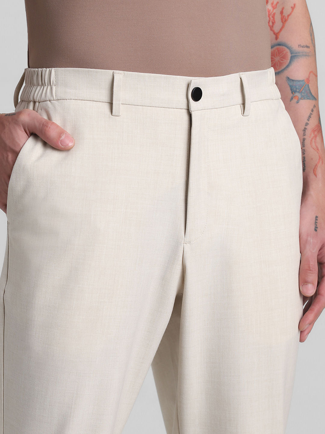 Beige Mid Rise Casual Pants