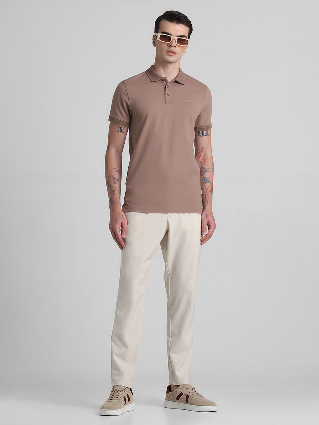 Beige Mid Rise Casual Pants