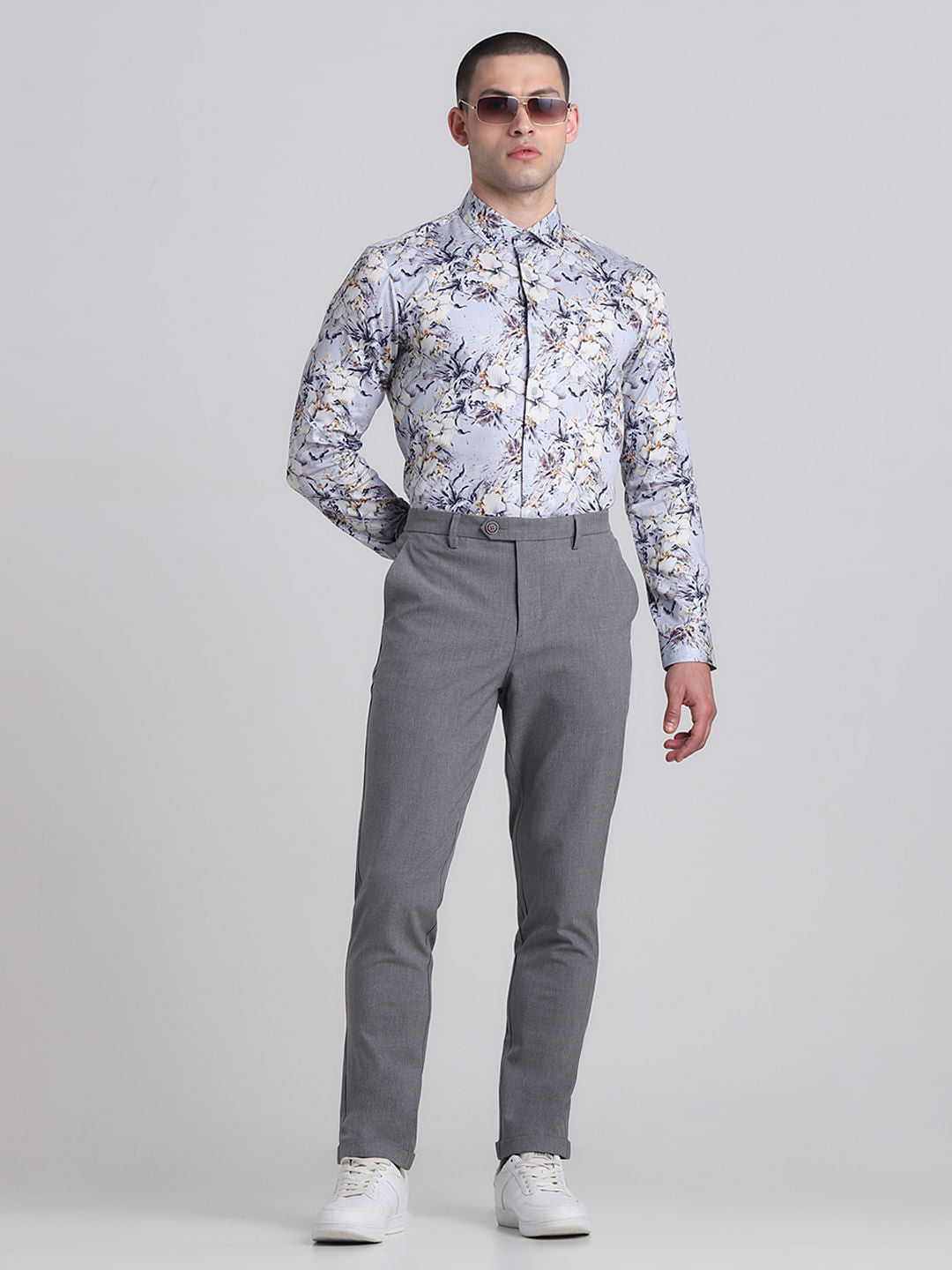 Grey Mid Rise Slim Fit Pants
