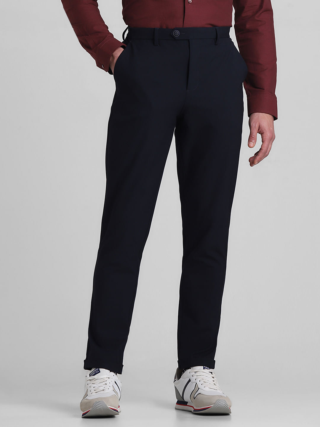 Navy Blue Mid Rise Slim Fit Pants