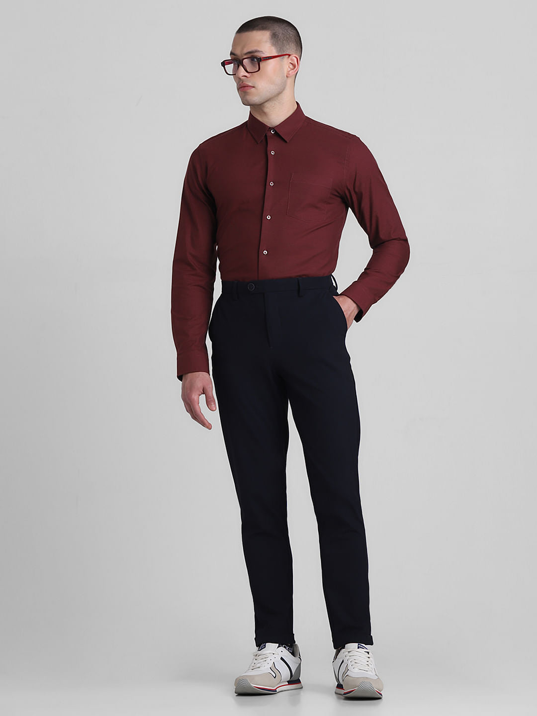 Navy Blue Mid Rise Slim Fit Pants