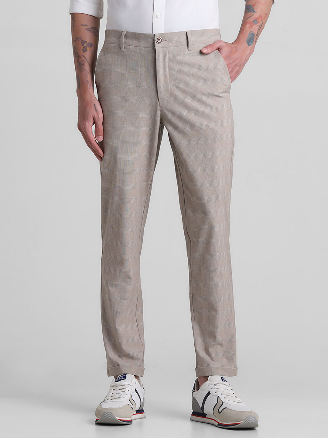 Brown Mid Rise Check Print Pants