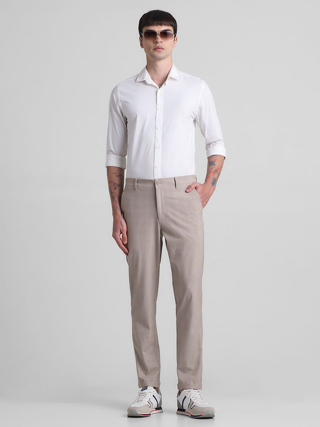 Brown Mid Rise Check Print Pants