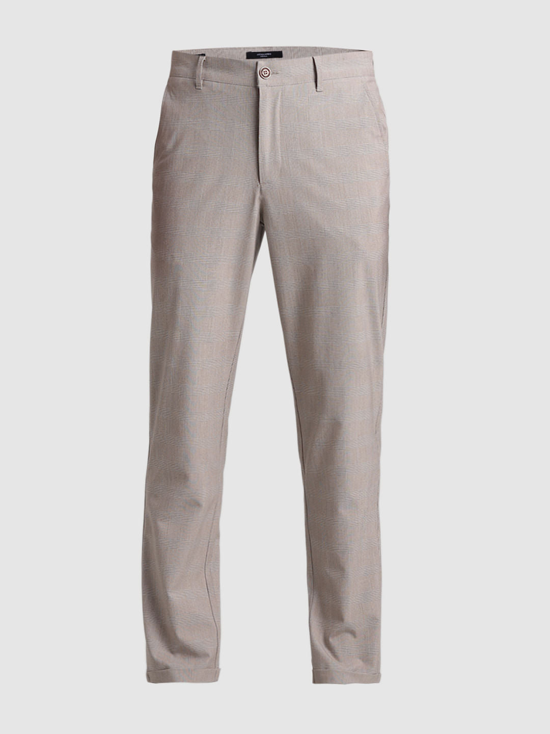 Brown Mid Rise Check Print Pants