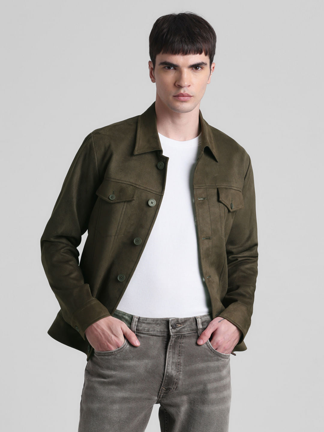 Olive Regular Fit Suede Jacket