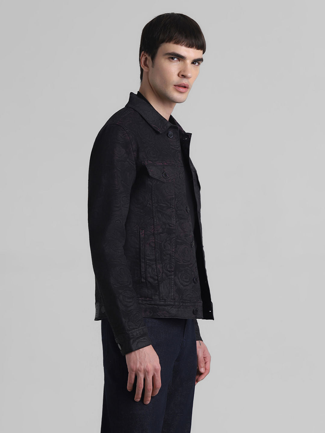 Black Floral Print Denim Jacket