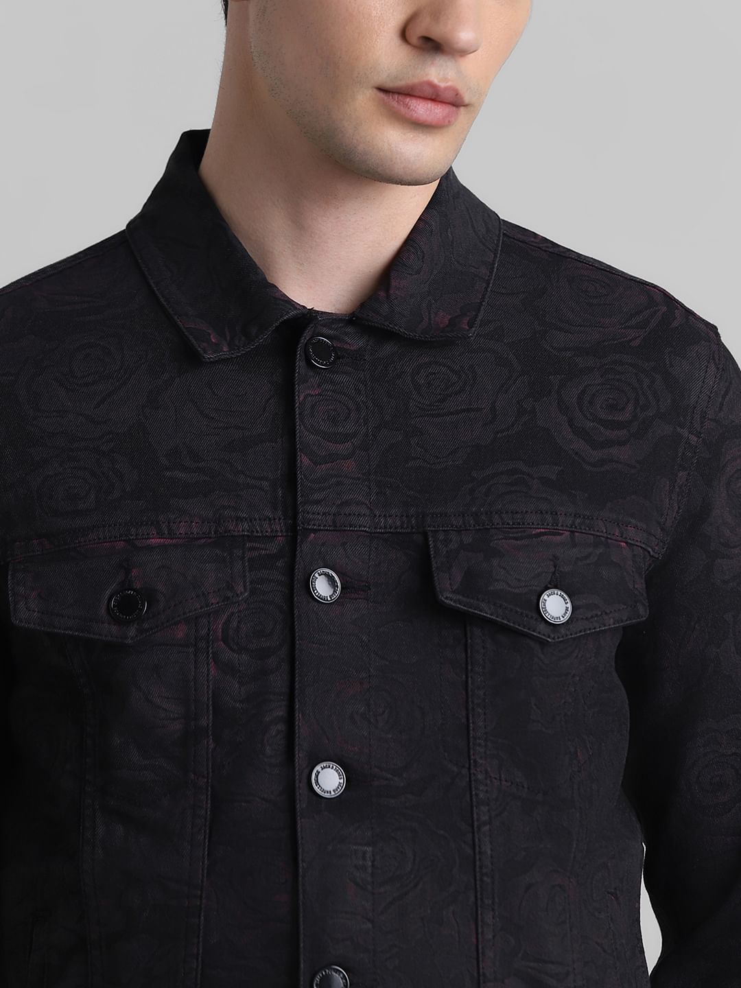 Black Floral Print Denim Jacket