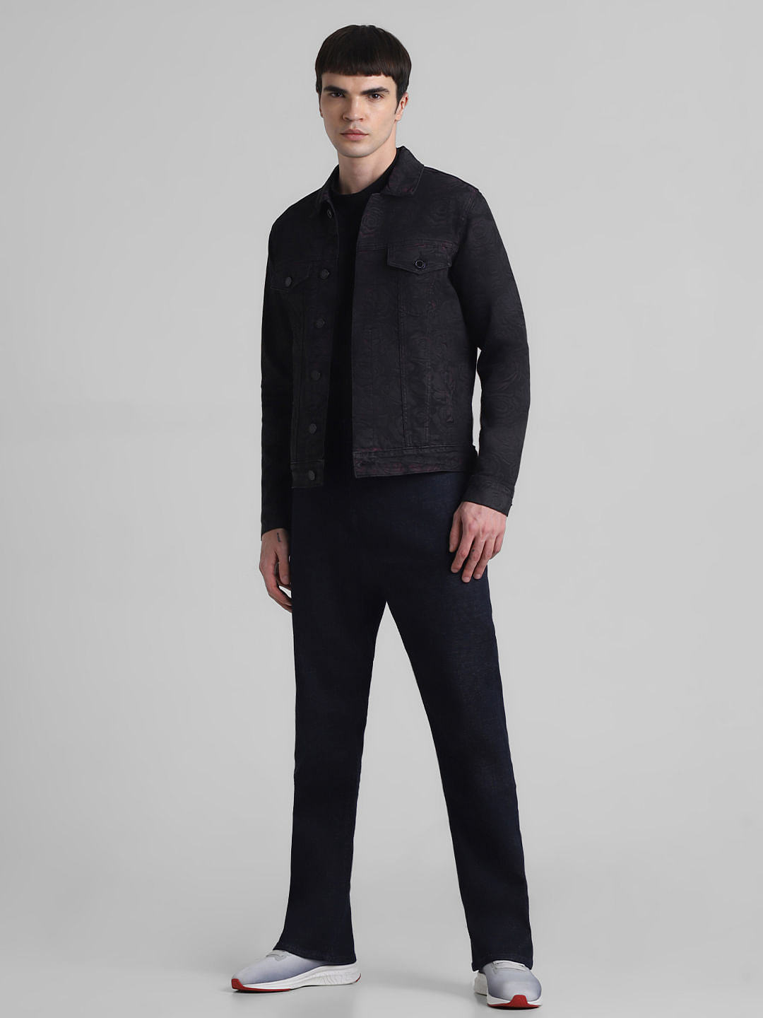 Black Floral Print Denim Jacket