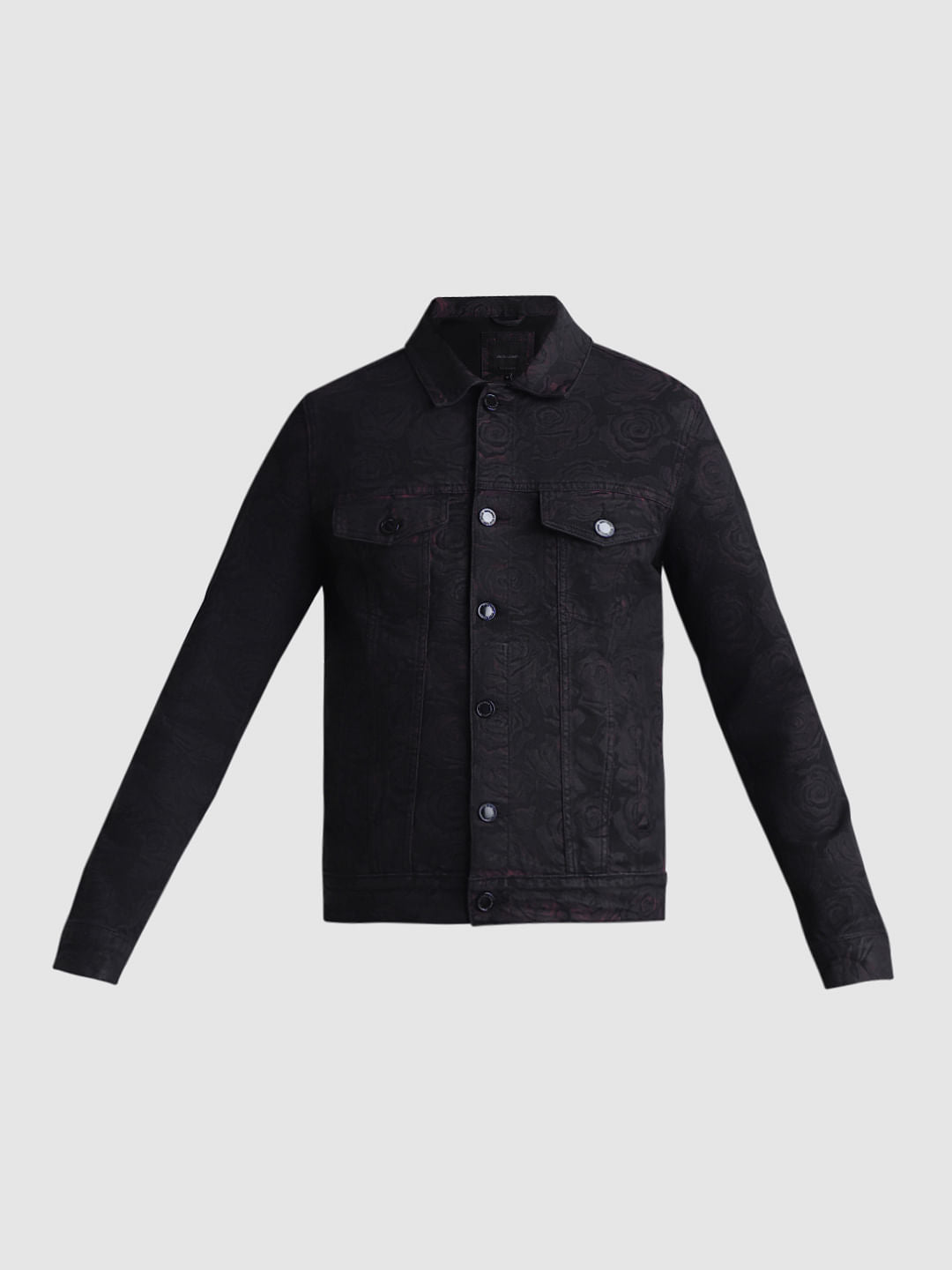 Black Floral Print Denim Jacket