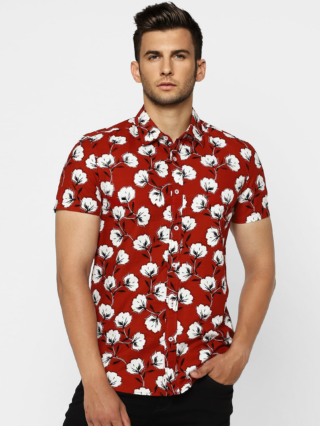 Red Floral Half Sleeves Shirt