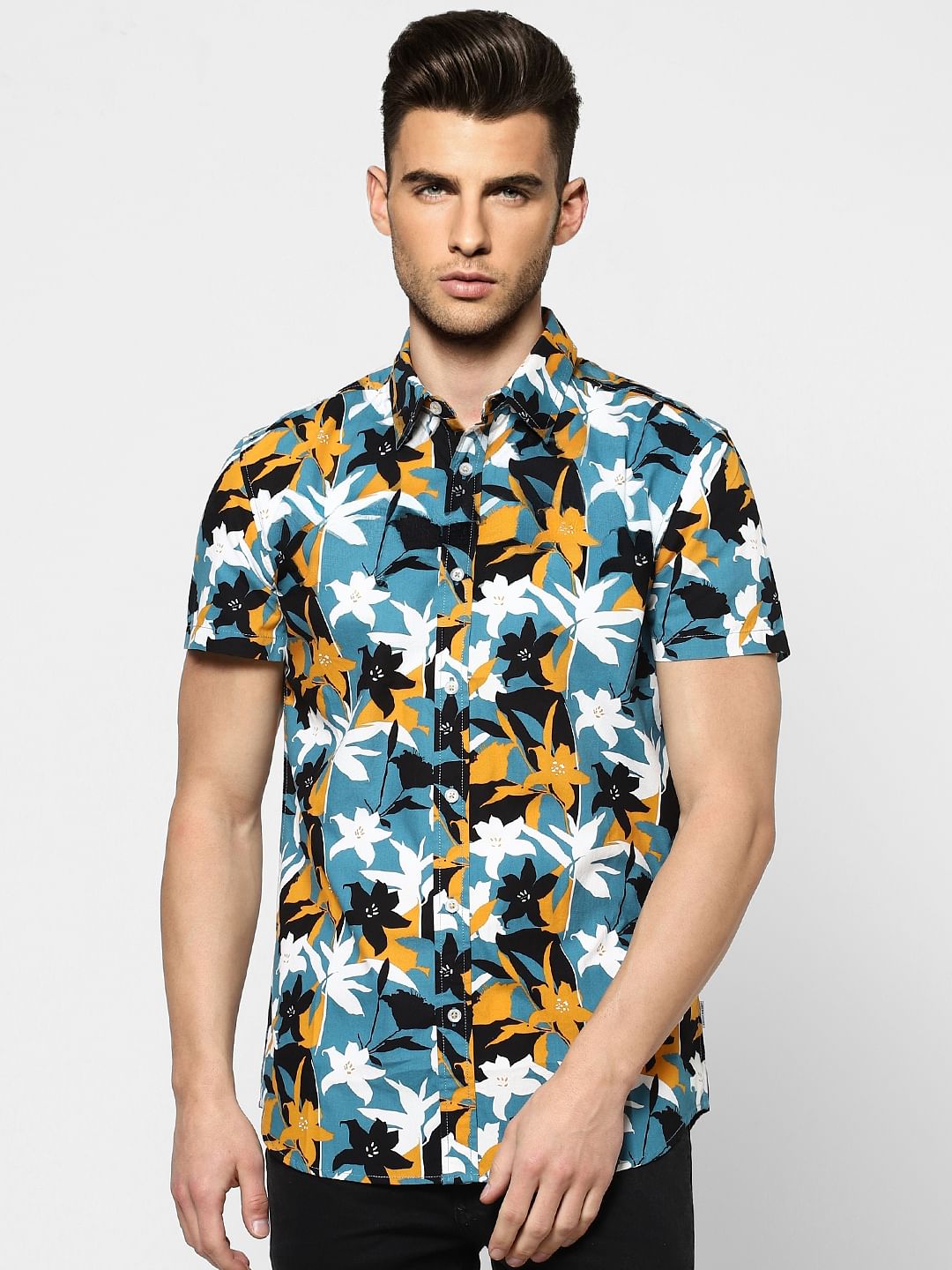 Blue Floral Half Sleeves Shirt