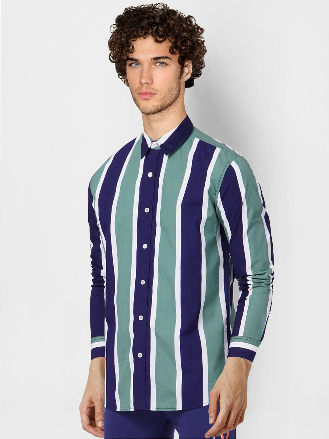 Green Striped Full Sleeves Shirt