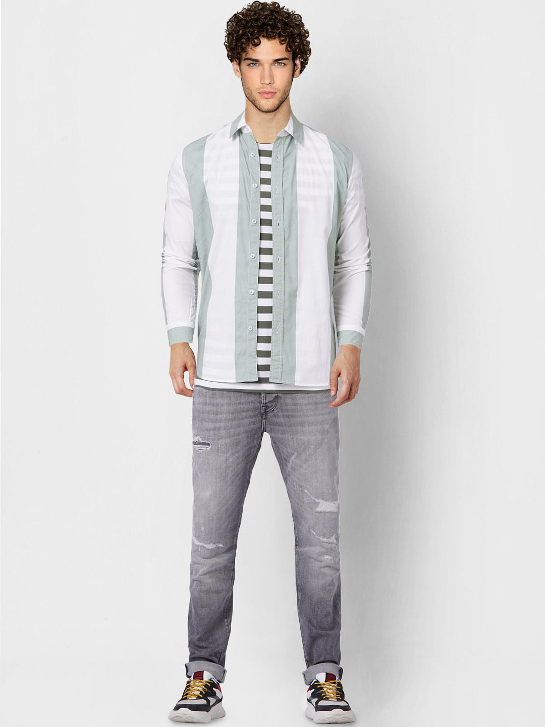 Green Large Striped Full Sleeves Shirt
