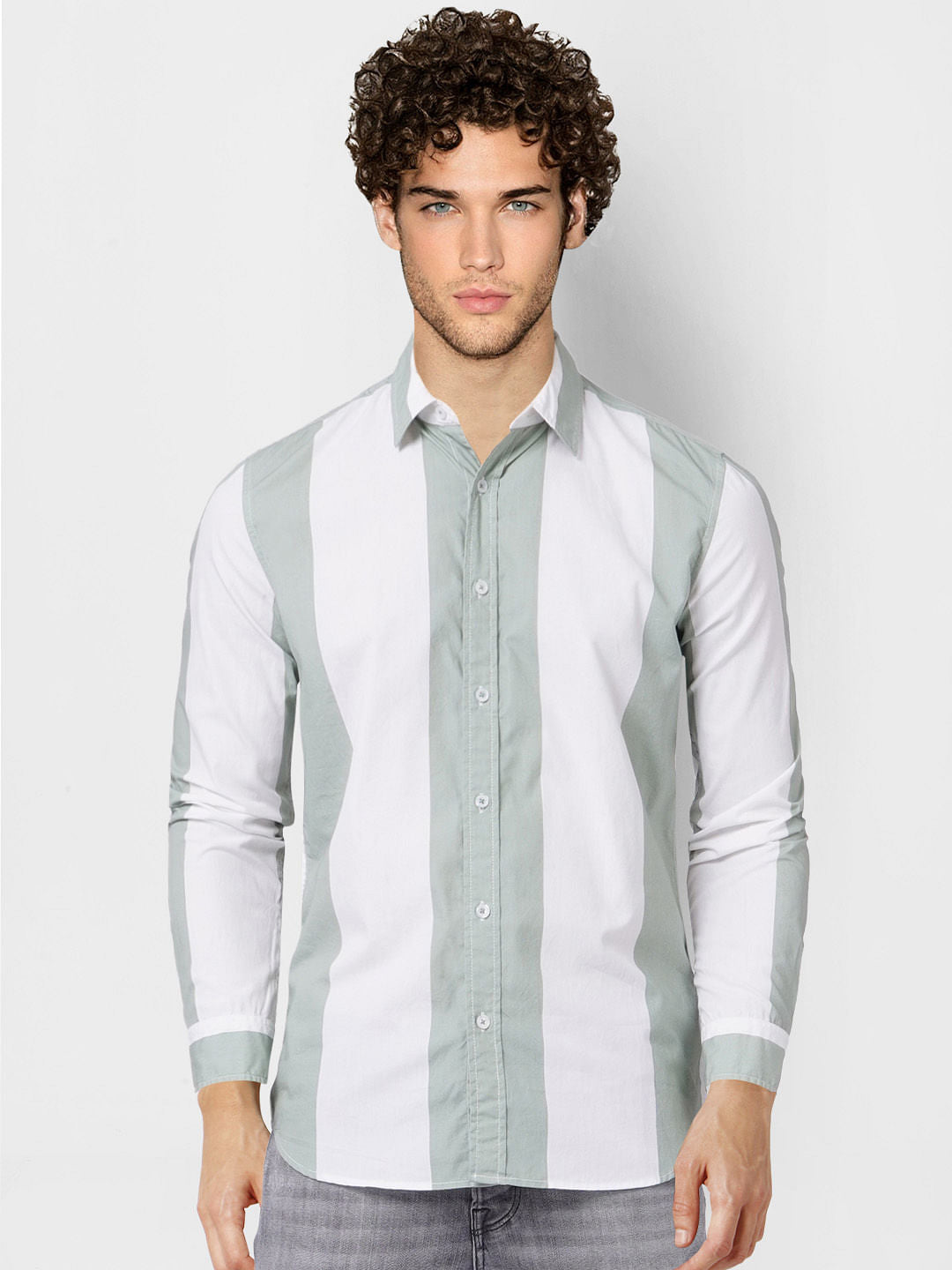 Green Large Striped Full Sleeves Shirt