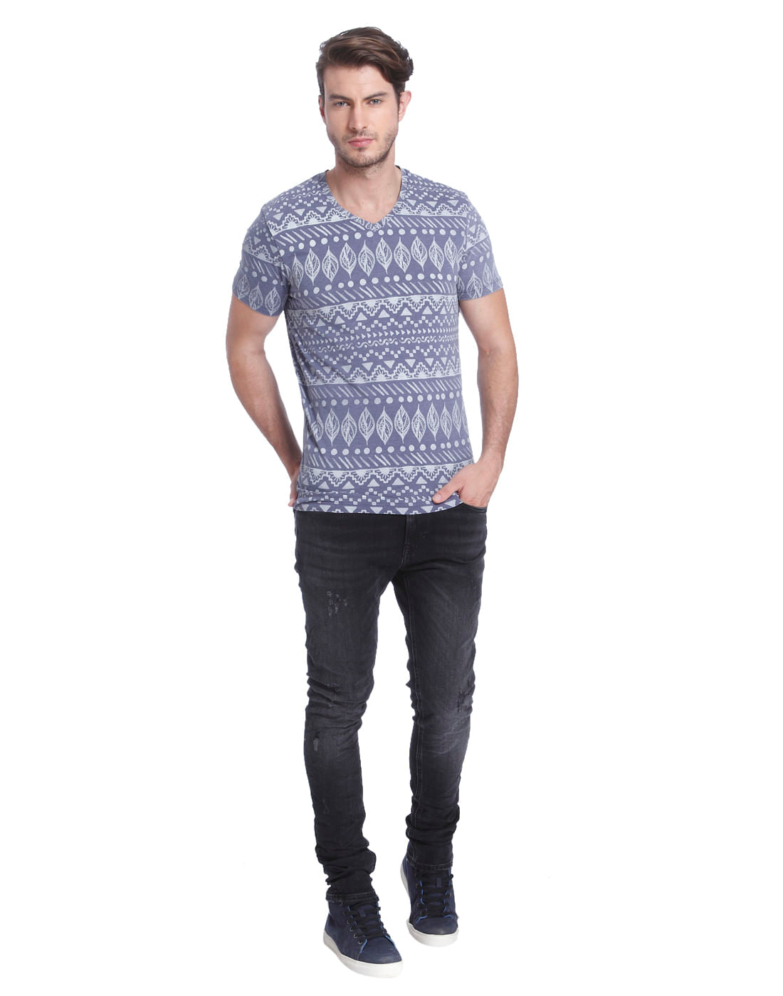 Blue All Over Print V Neck T-shirt