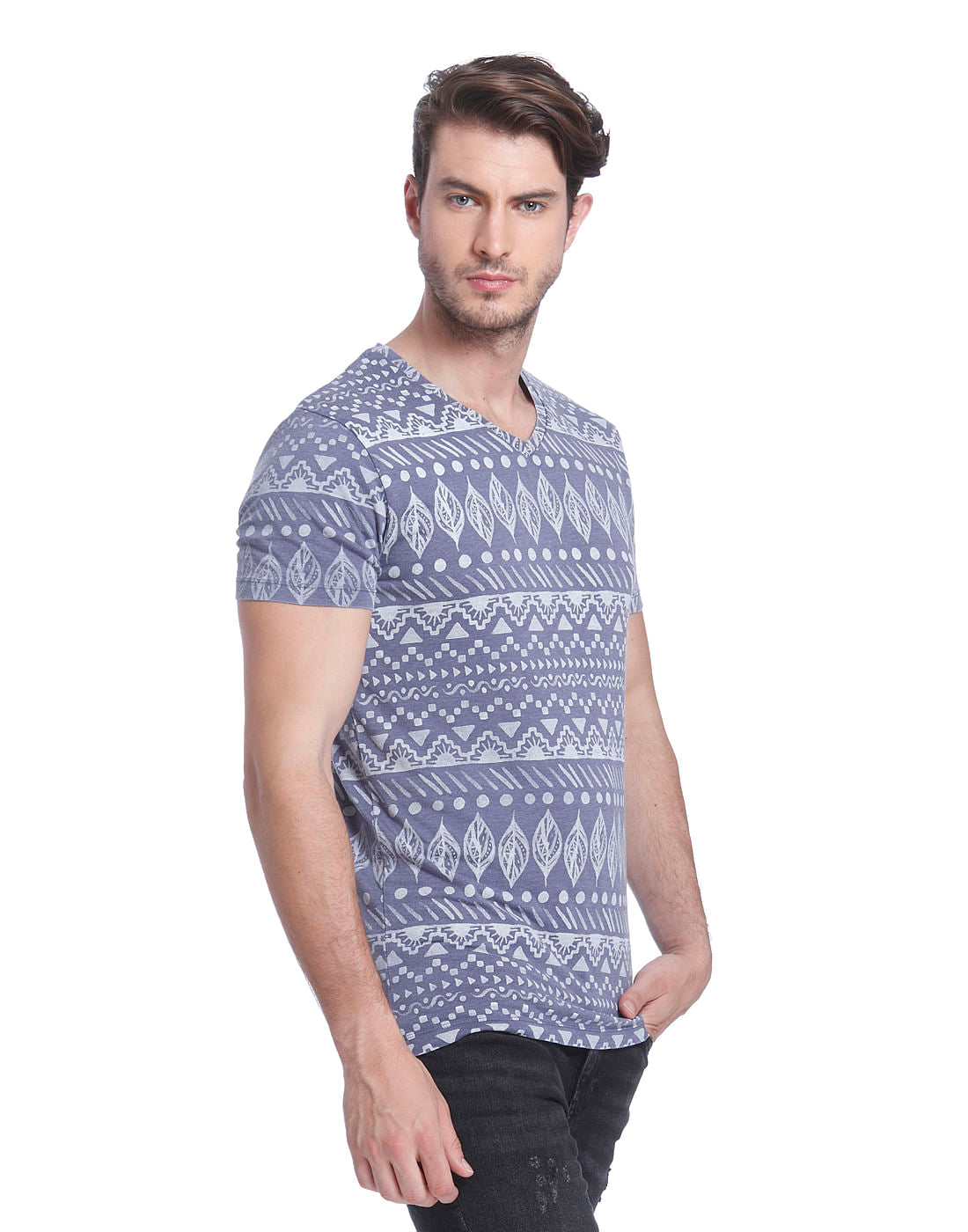 Blue All Over Print V Neck T-shirt