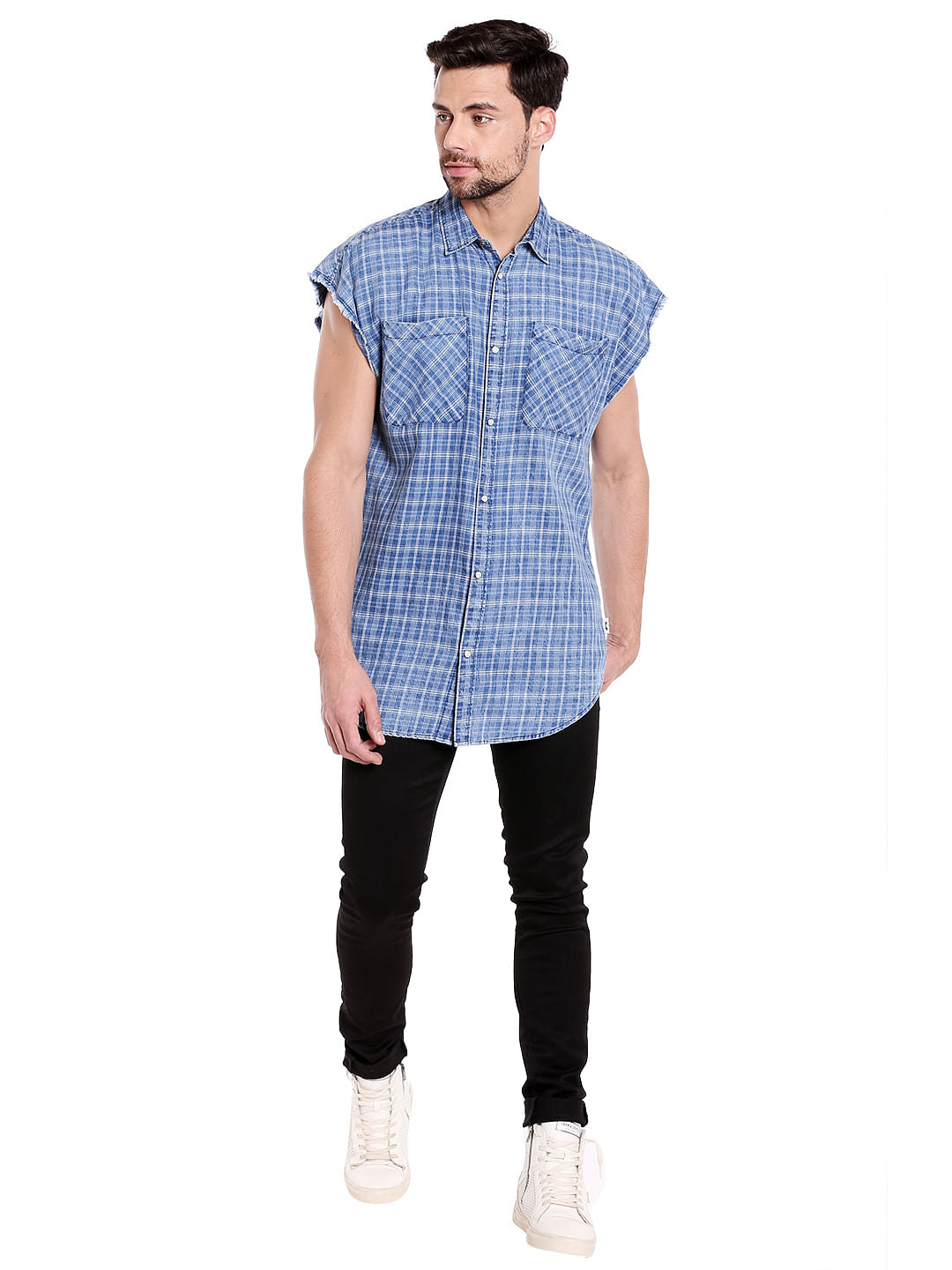 Blue Check Sleeveless Shirt
