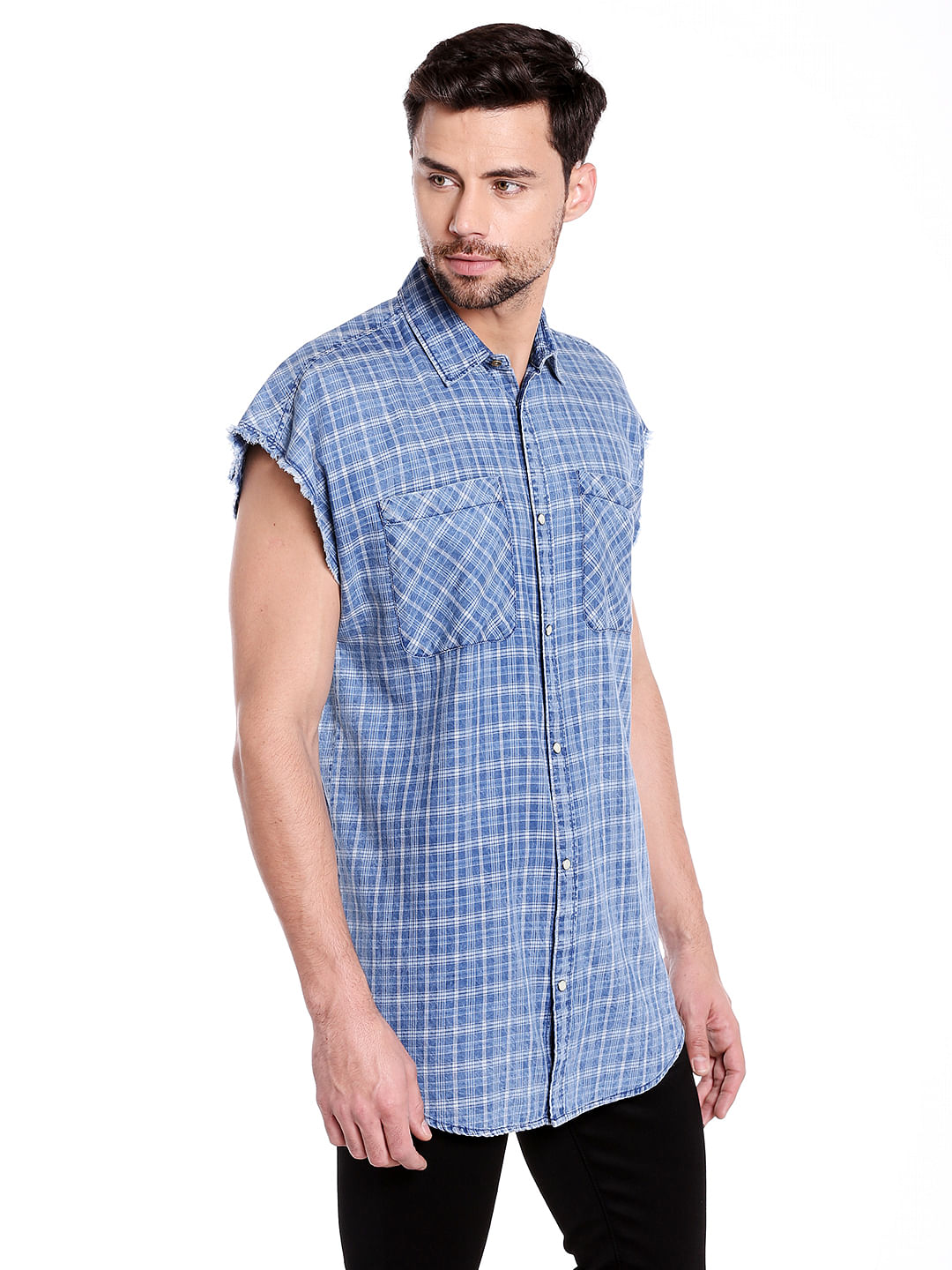 Blue Check Sleeveless Shirt