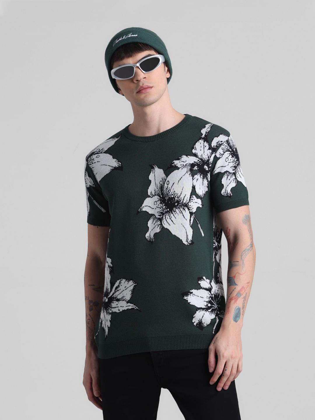 Green Floral Print Knitted T-shirt