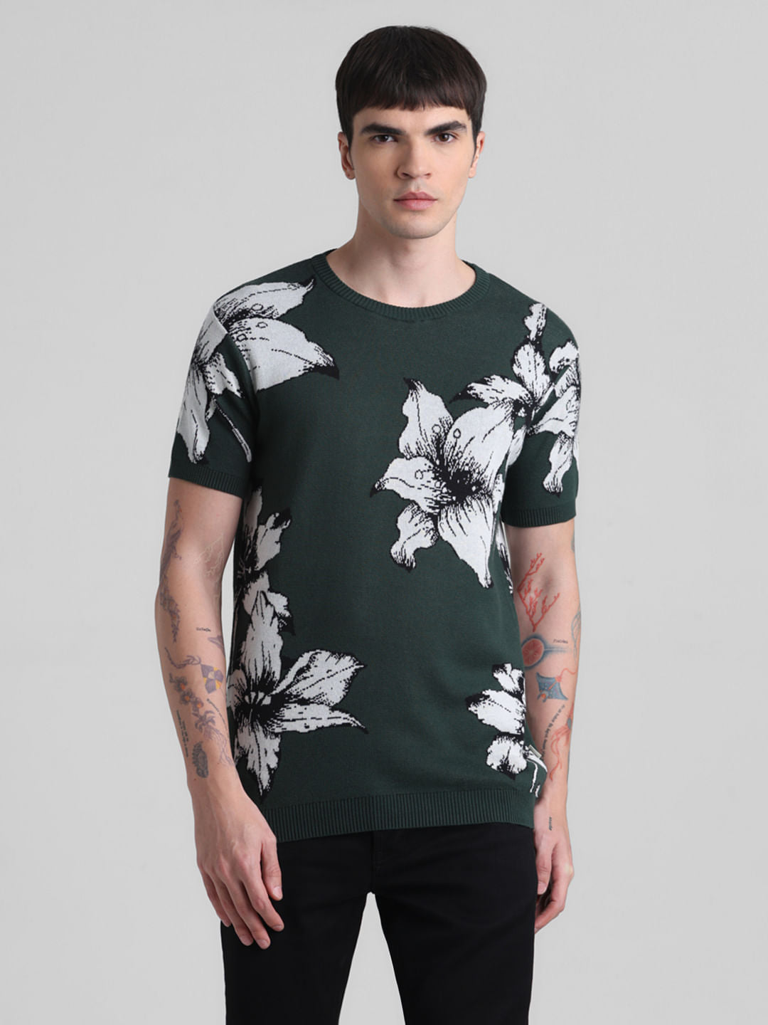 Green Floral Print Knitted T-shirt