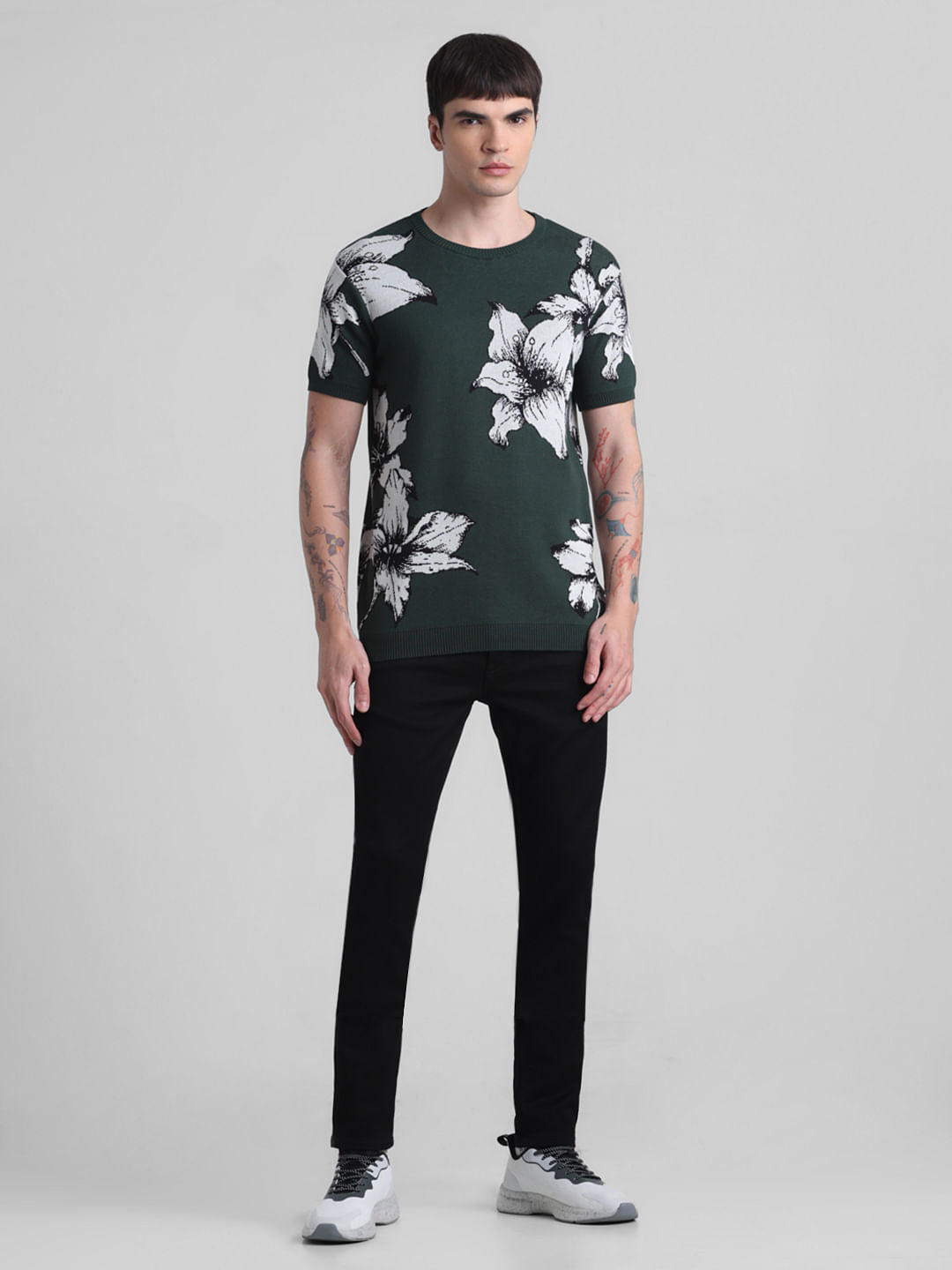 Green Floral Print Knitted T-shirt