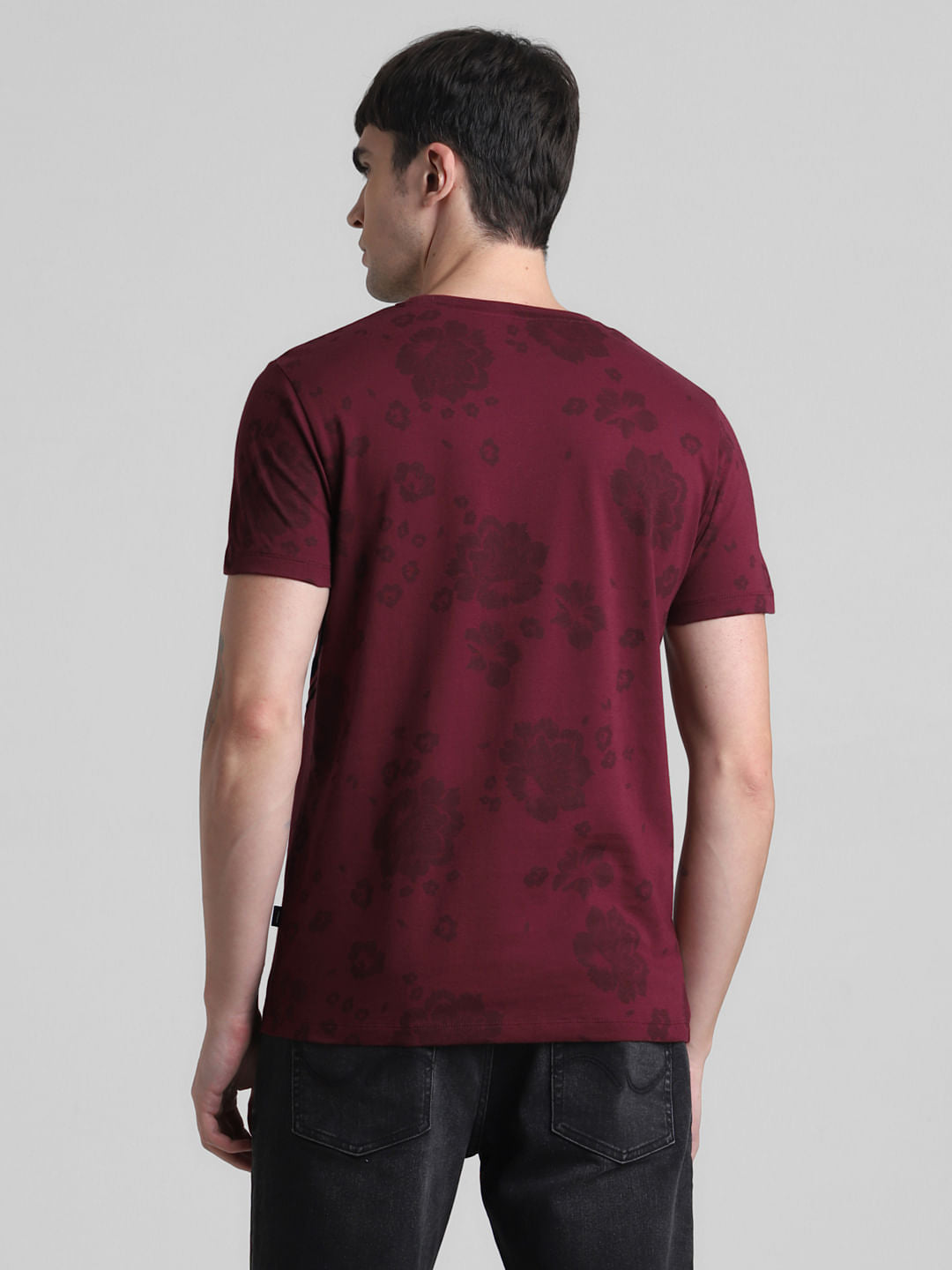 Maroon Floral Print Crew Neck T-shirt