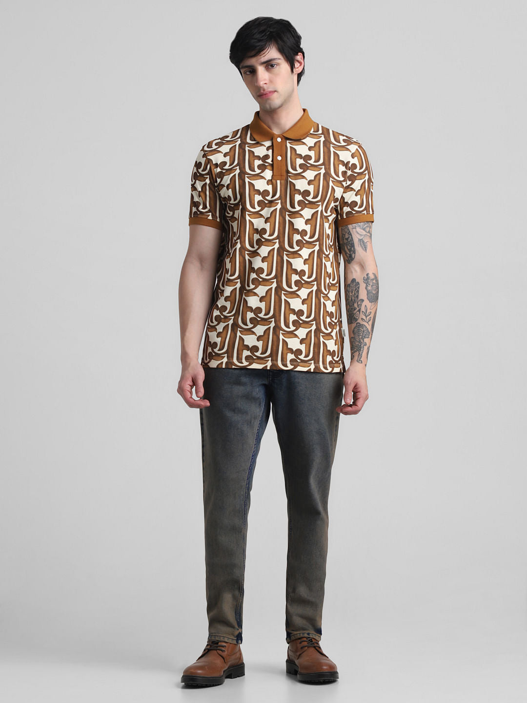 Brown Baroque Print Polo T-shirt