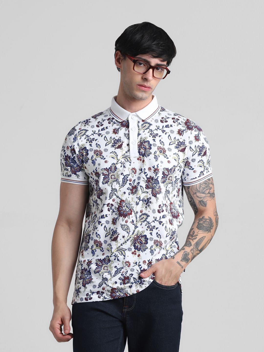 White Floral Print Polo T-shirt