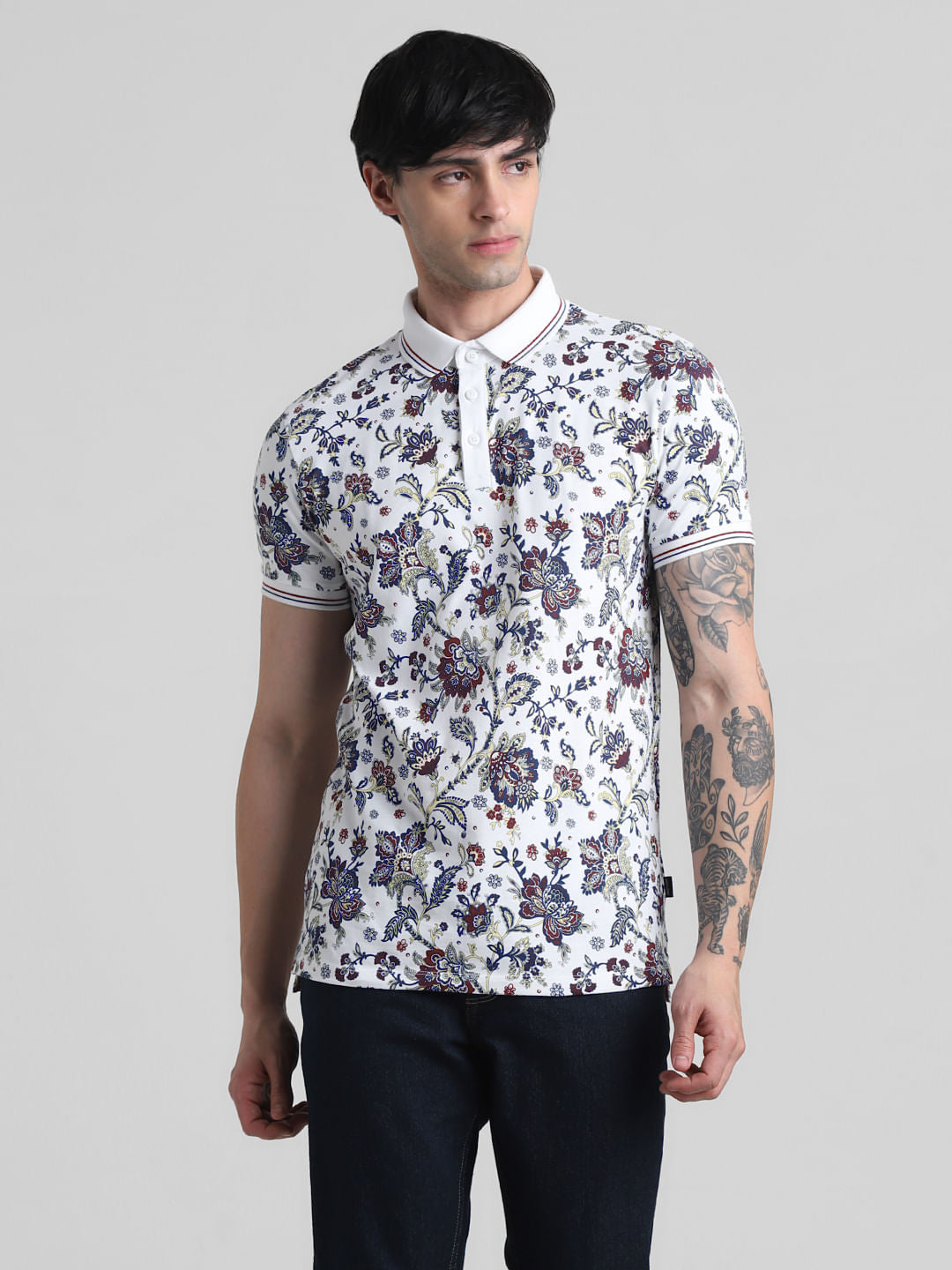White Floral Print Polo T-shirt