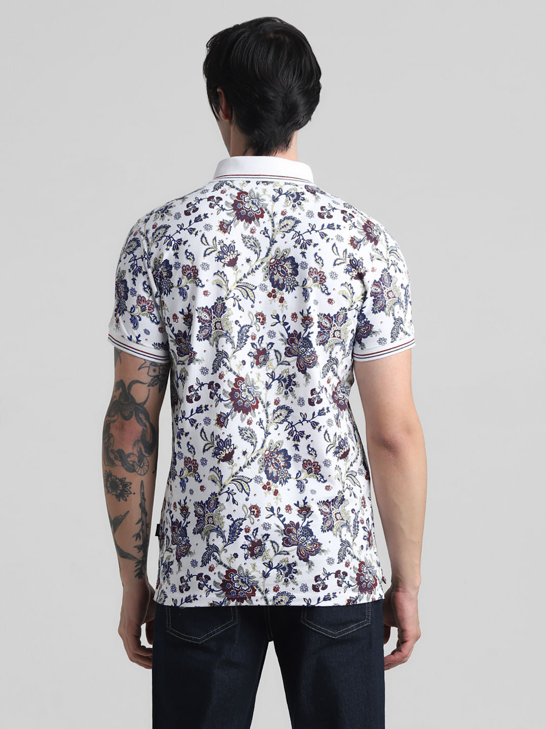 White Floral Print Polo T-shirt