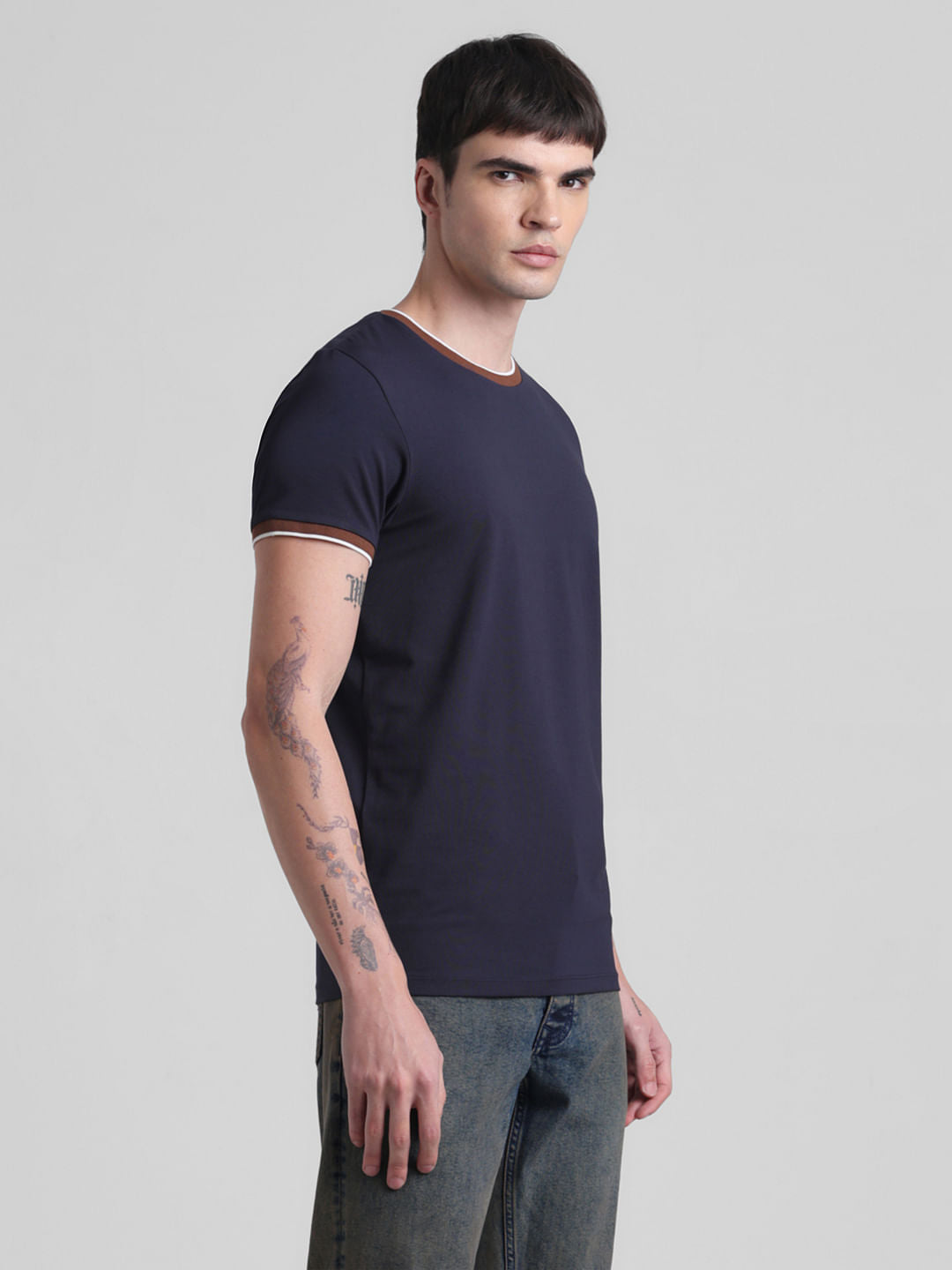 Blue Contrast Tipping Crew Neck T-shirt