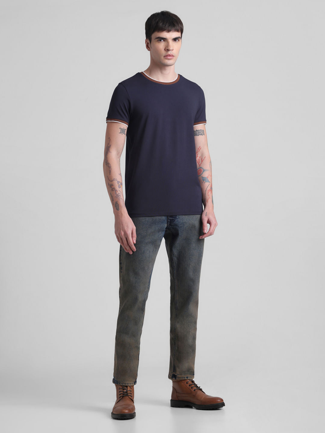 Blue Contrast Tipping Crew Neck T-shirt