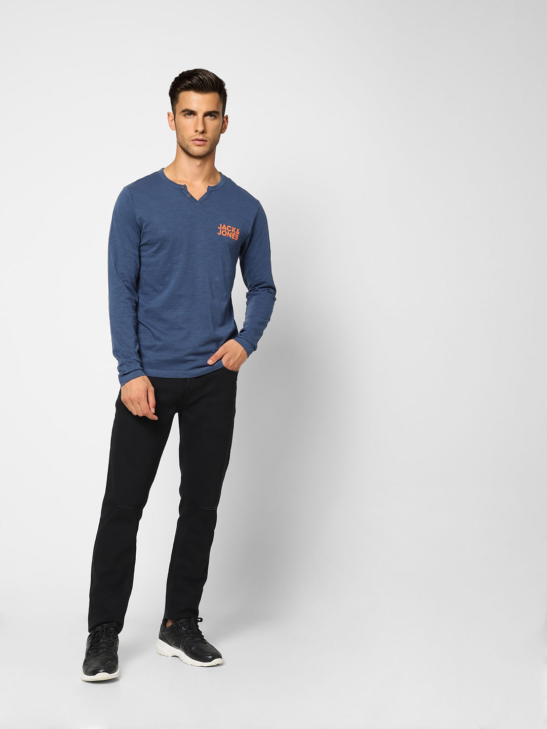 Blue Logo Print Henley T-shirt