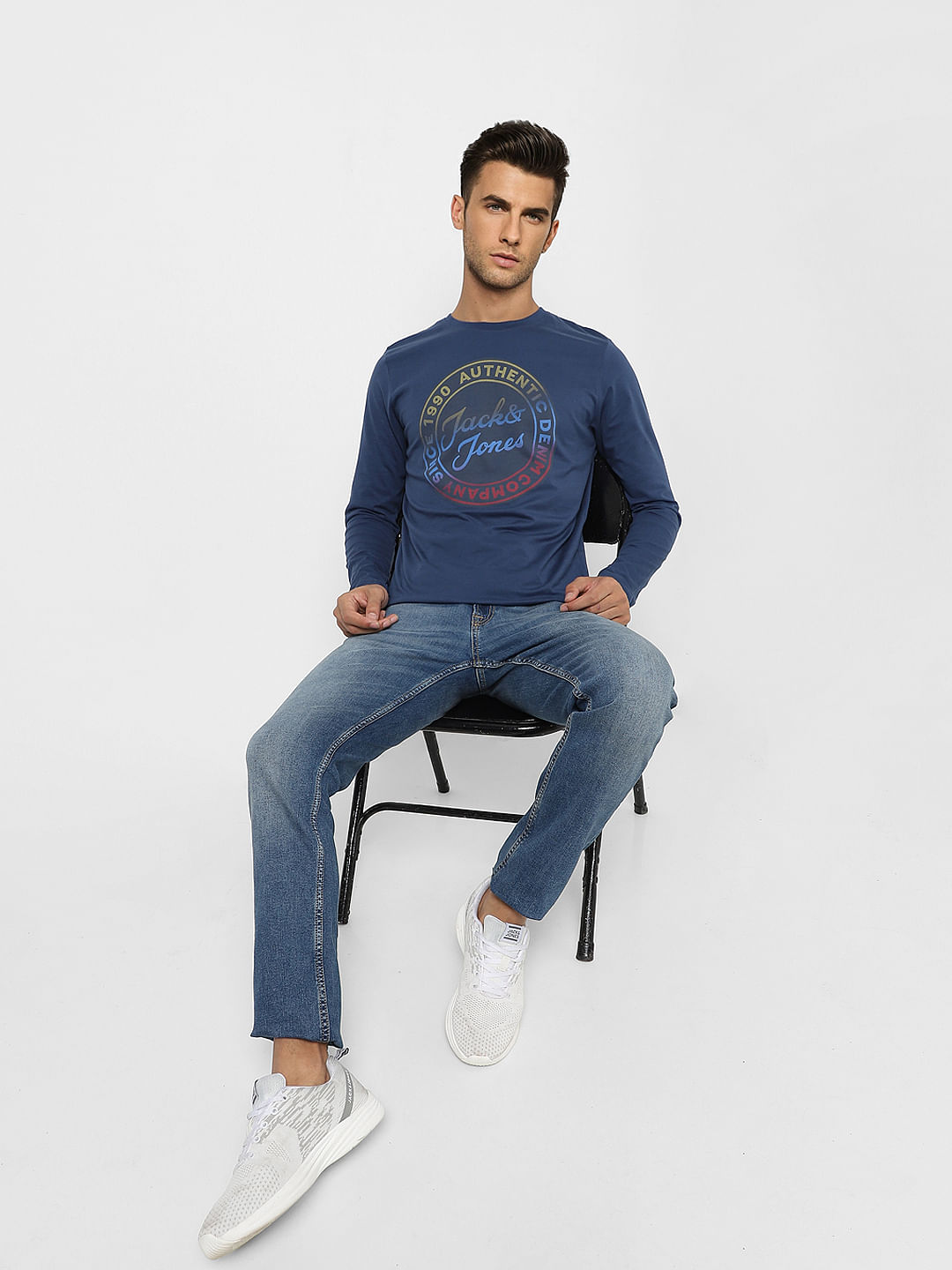 Blue Typographic Print Crew Neck T-shirt