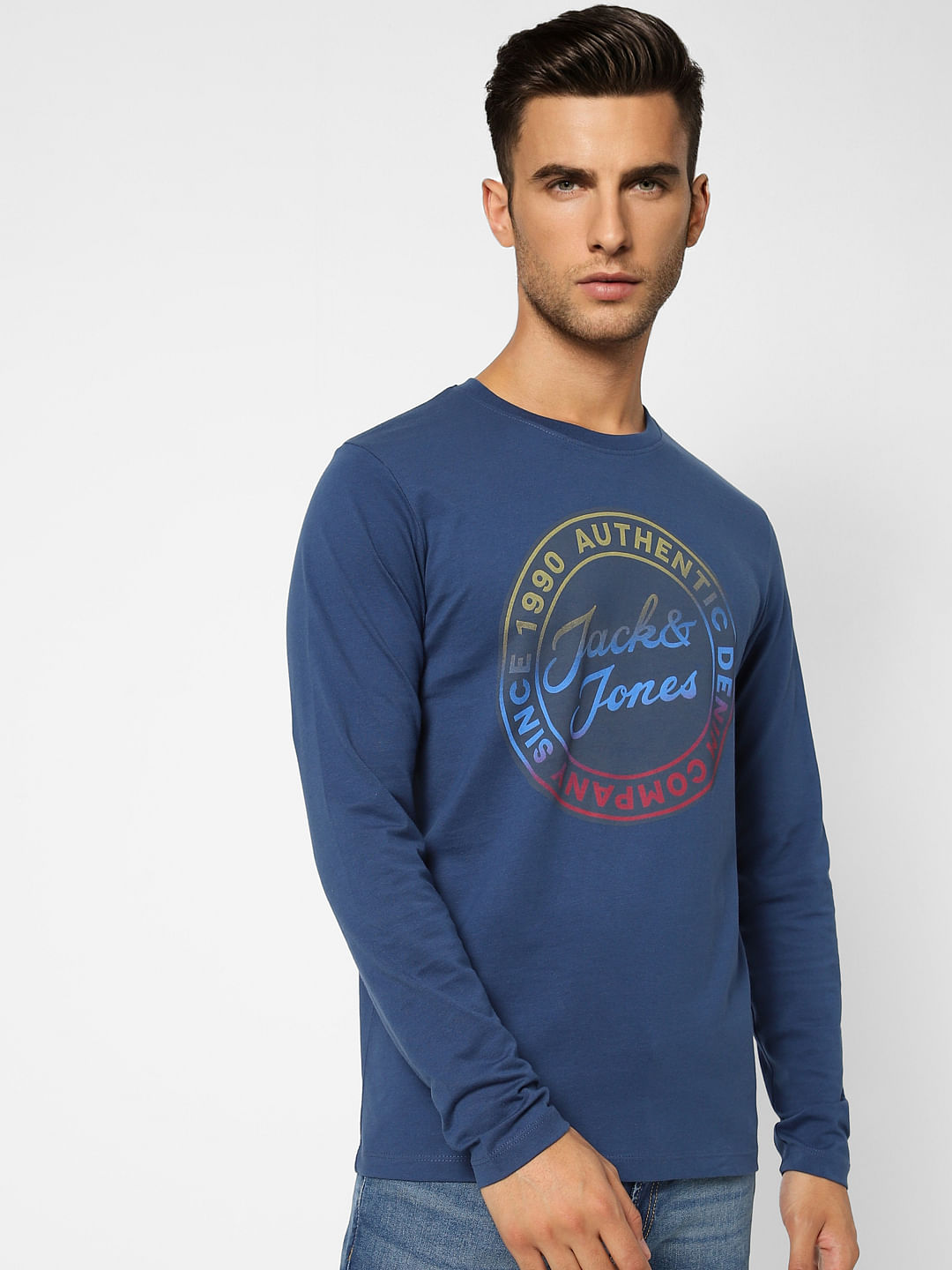 Blue Typographic Print Crew Neck T-shirt