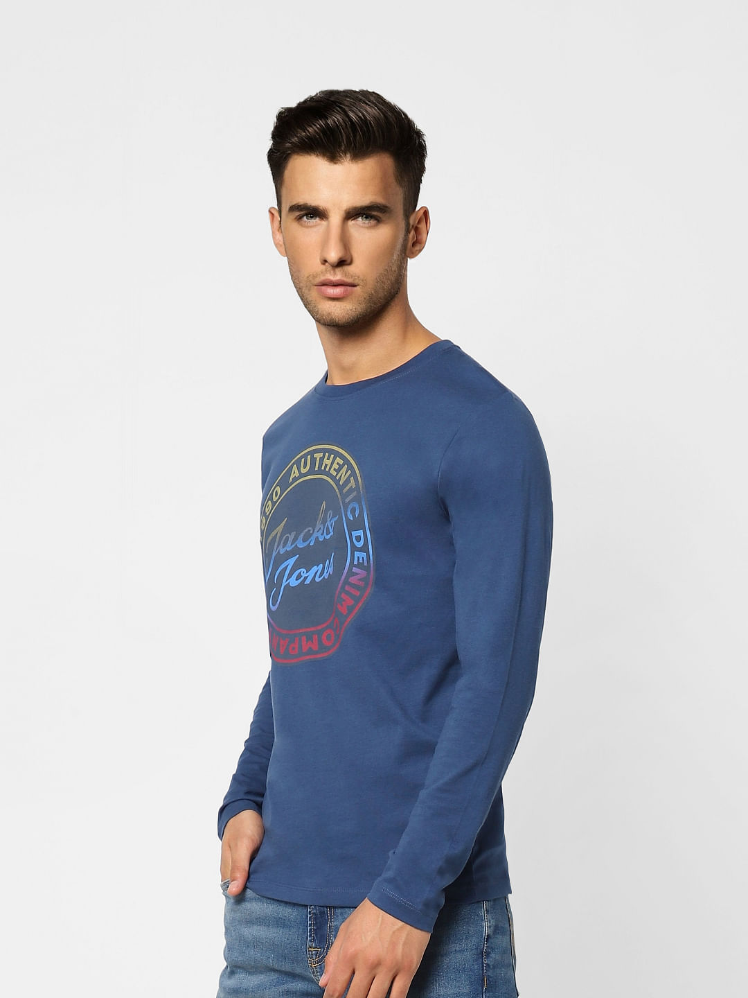Blue Typographic Print Crew Neck T-shirt