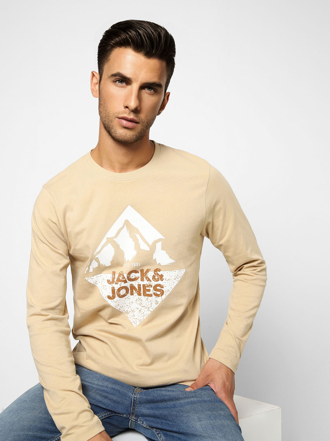 Beige Graphic Print Crew Neck T-shirt