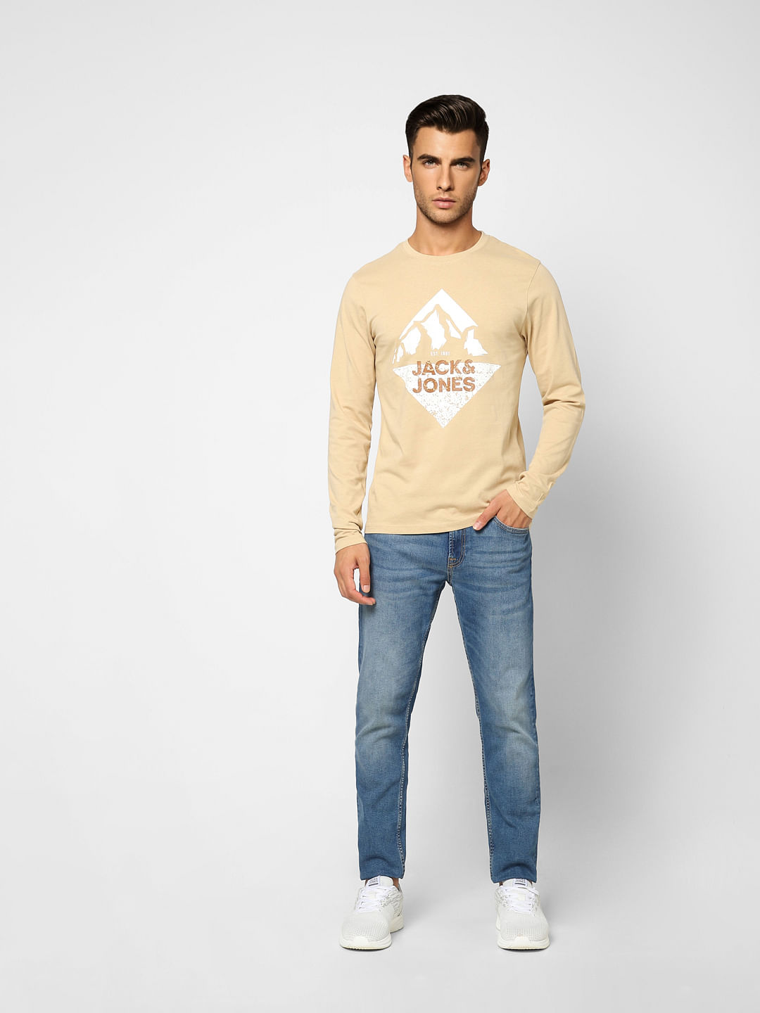 Beige Graphic Print Crew Neck T-shirt