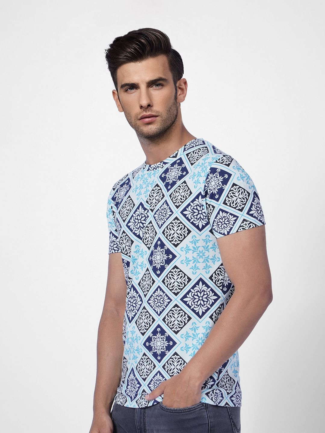 Blue Abstract Print Crew Neck T-shirt