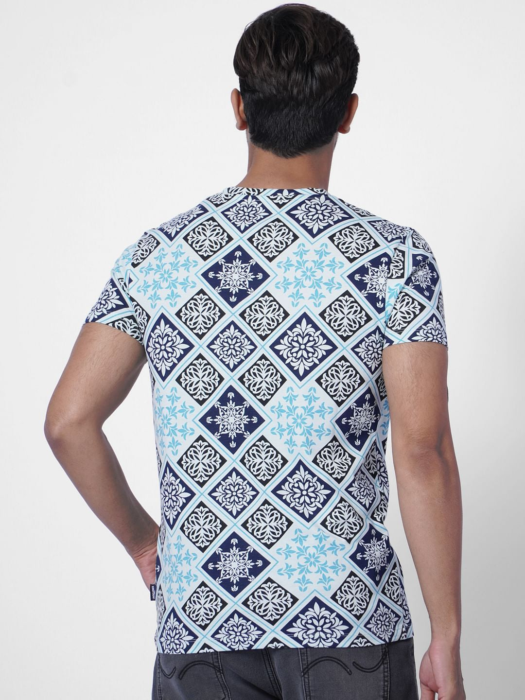 Blue Abstract Print Crew Neck T-shirt