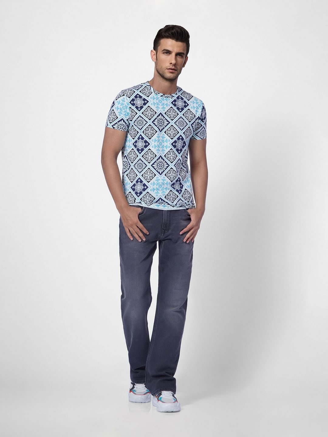 Blue Abstract Print Crew Neck T-shirt